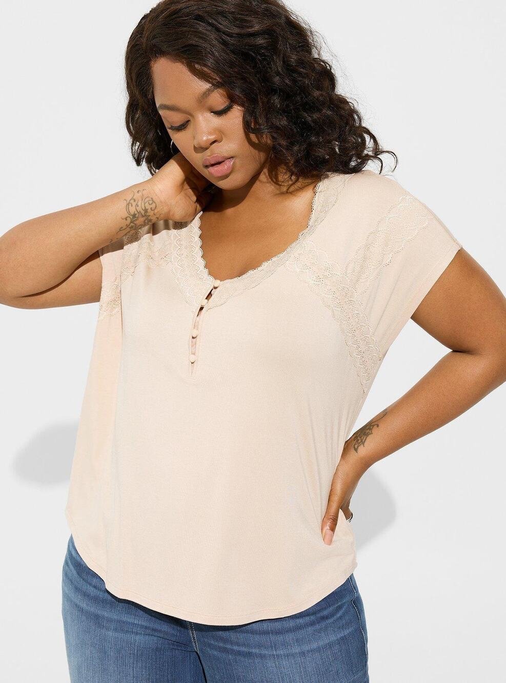 Torrid Beige Supersoft Jersey Dolman Henley Lace Trim Top NWT